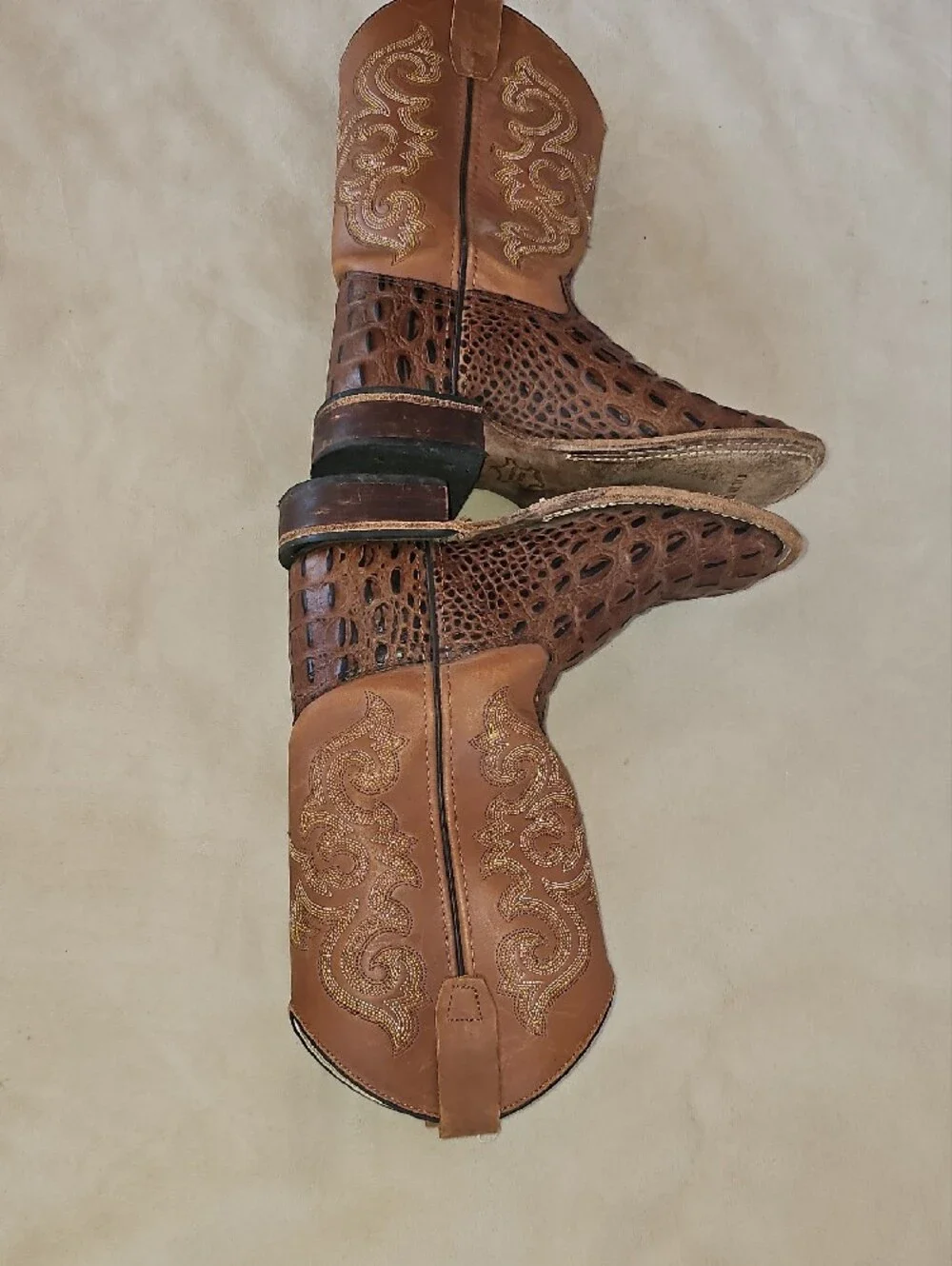 Old West Tan and Brown Kids Western Pull-On Boots Size 3.5